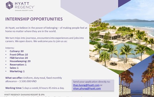 Hyatt Regency Danang Resort & Spa Tuyển Dụng Thực Tập Sinh Năm 2023